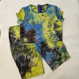 Blue, Yellow and Black Tie-dye Crop Top and Biker Short Set Size XL